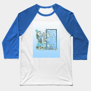 Blue sumiE watercolor flowers with a chinese lattice Baseball T-Shirt